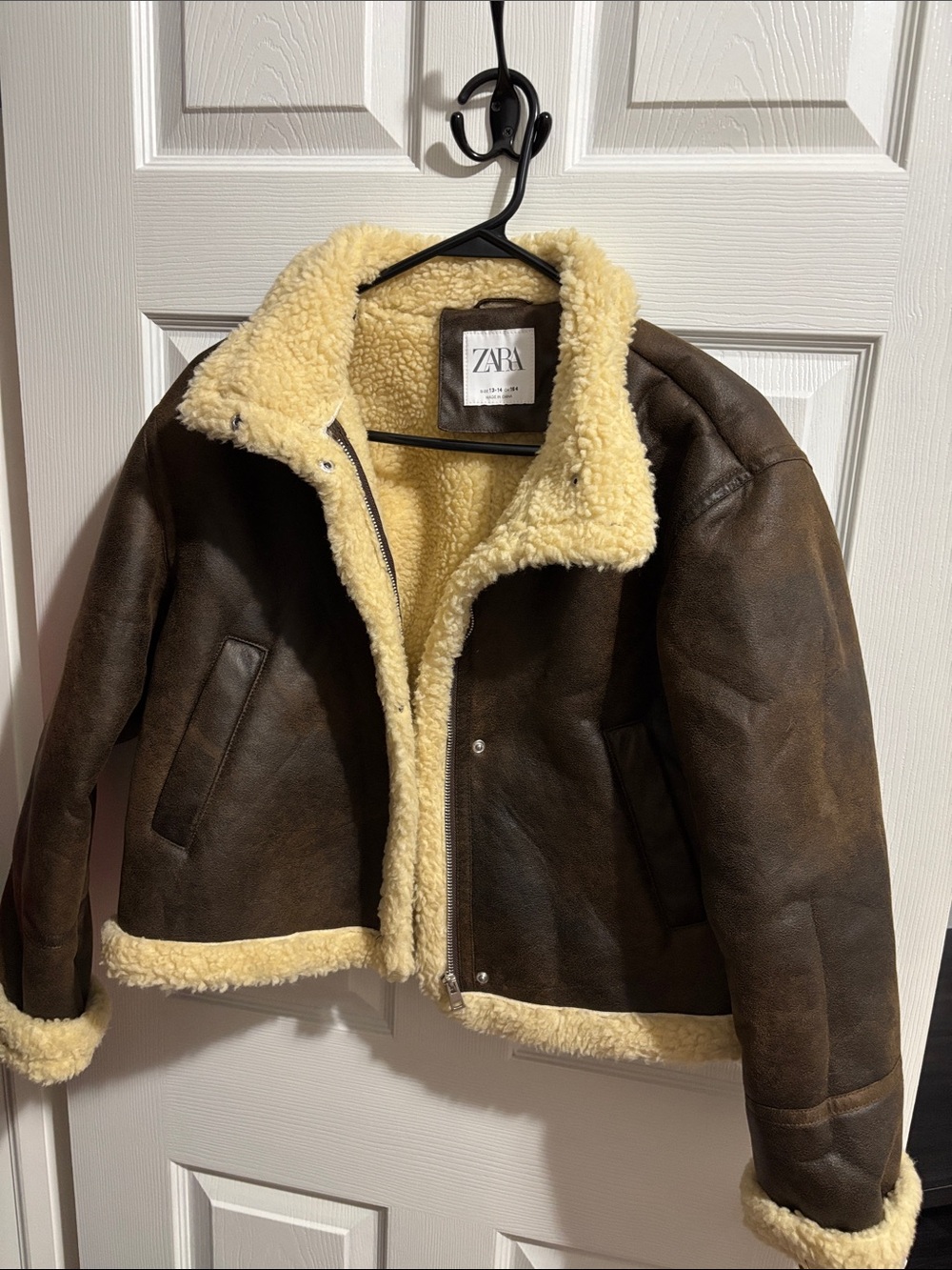ZARA Kids Brown Faux-Leather Aviator Jacket with Shearling Trim
